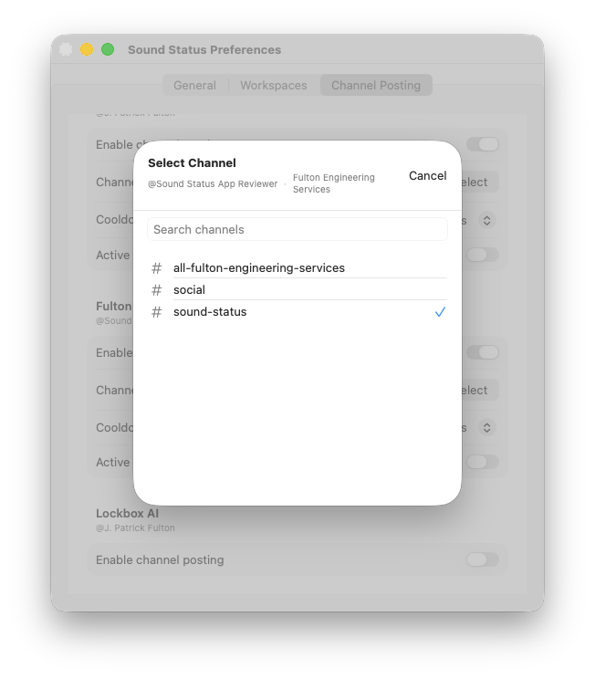 Sound Status Select Channel sheet showing a search field and a list of Slack channels including all-fulton-engineering-services, social, and sound-status with a checkmark