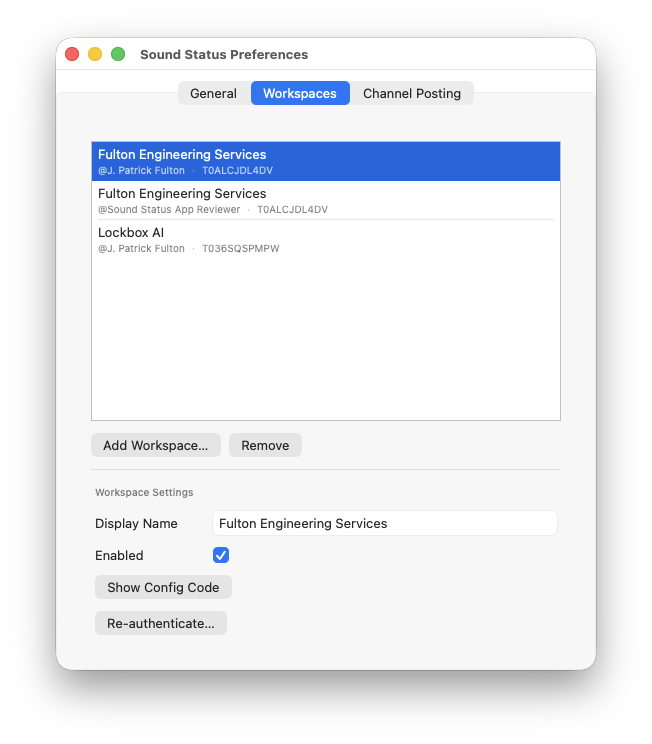 Sound Status Preferences Workspaces tab showing three connected workspaces with Display Name, Enabled checkbox, Show Config Code and Re-authenticate buttons