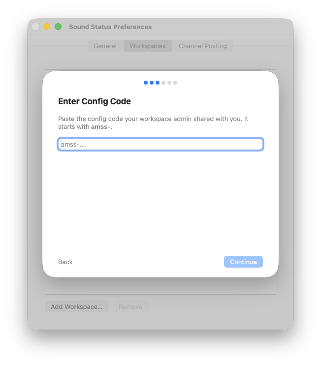 Sound Status setup wizard Enter Config Code step with an amss- text field for team members to paste the code shared by their admin