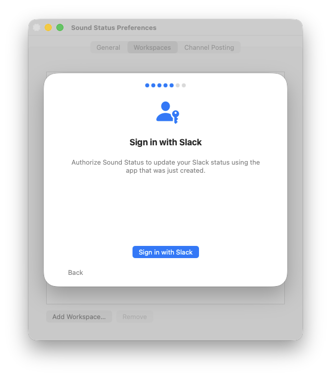 Sound Status setup wizard showing the Sign in with Slack step with a user-and-key icon and Sign in with Slack button