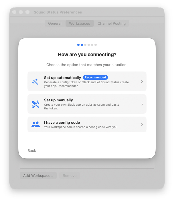 Sound Status setup wizard showing three options: Set up automatically (Recommended), Set up manually, and I have a config code